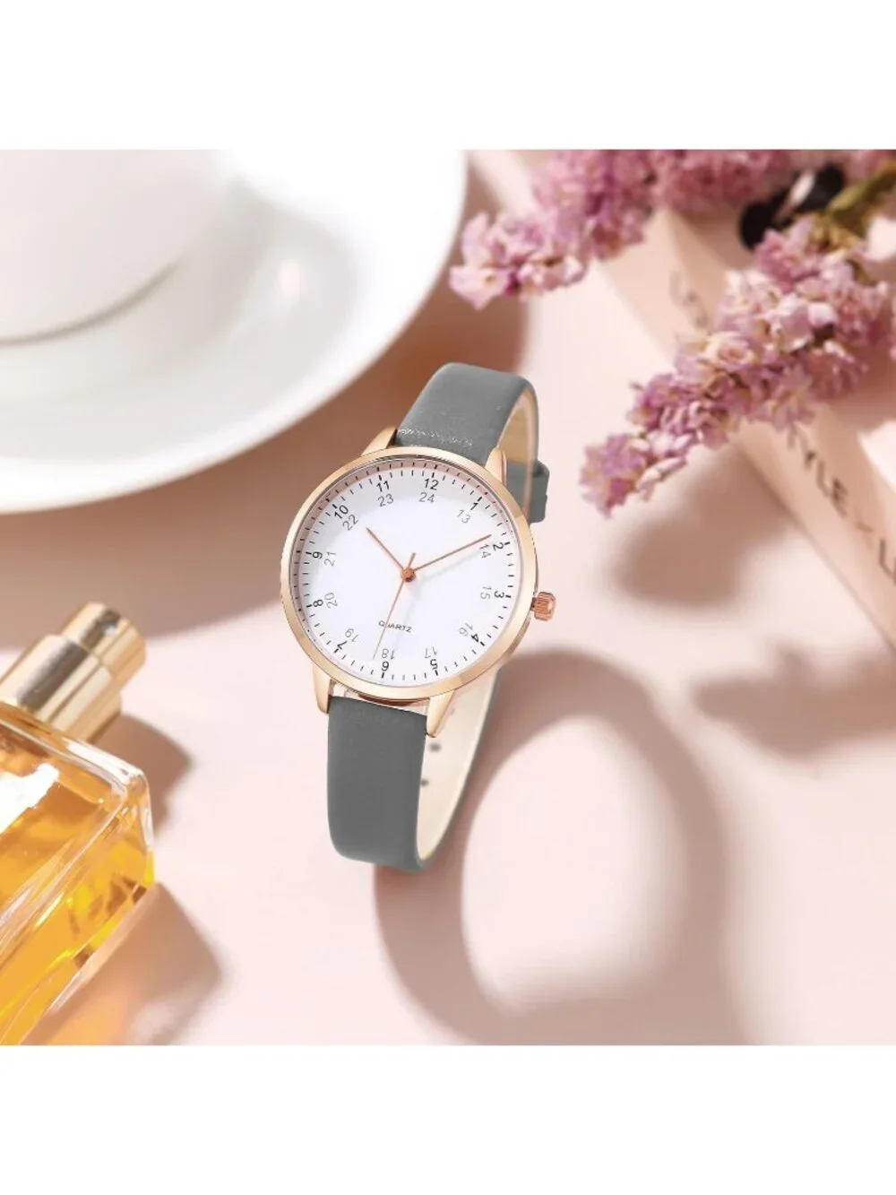 Women's Grey White Dainty Analog Leather Waterproof Reloj Para Mujer Wrist Watch